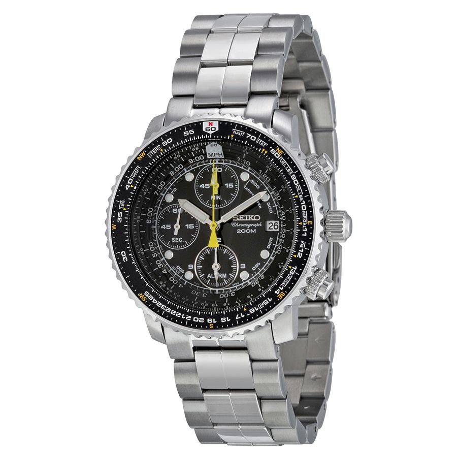 Seiko Flightmaster Chronograph Steel Black Dial Men's Watch SNA411  0029665131362 - Watches, Chronograph - Jomashop