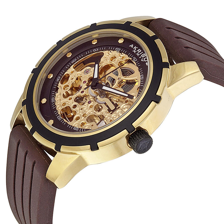 Akribos Automatic GoldTone Skeleton Dial Brown Rubber Men's Watch