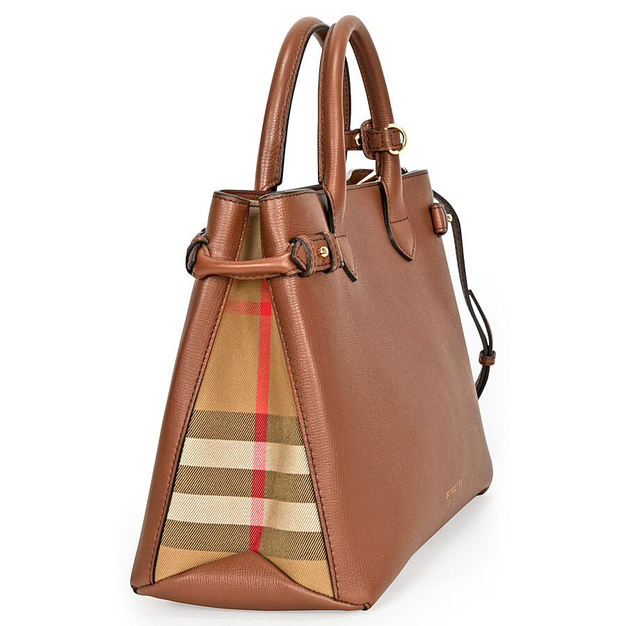 Burberry Medium Banner House Check Leather Tote Tan Burberry