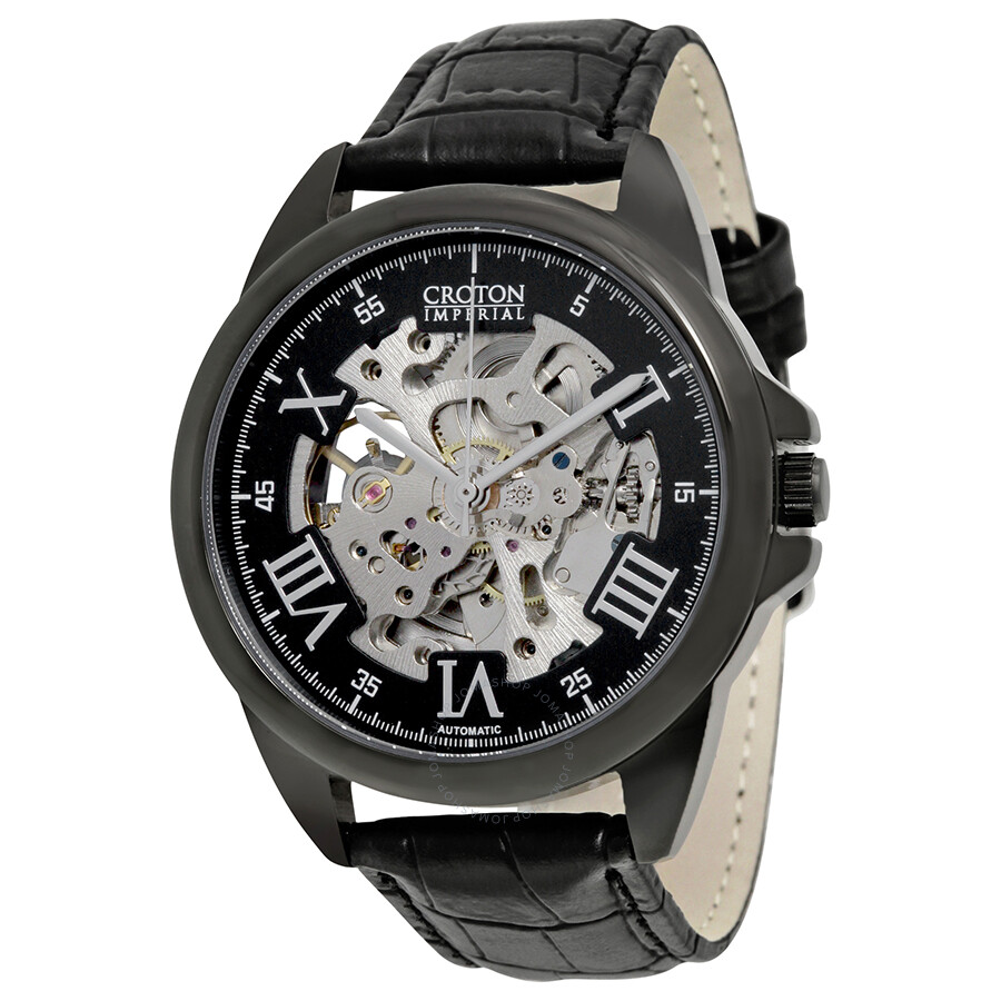 Croton Imperial Automatic Black Skeleton Dial Black Leather Men's Watch CI331090BKSK Croton