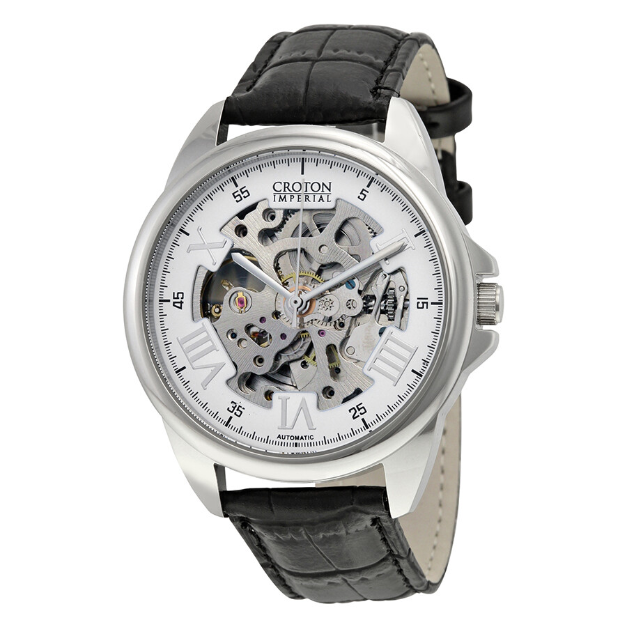 Croton Imperial Automatic White Skeleton Dial Black Leather Strap Men's