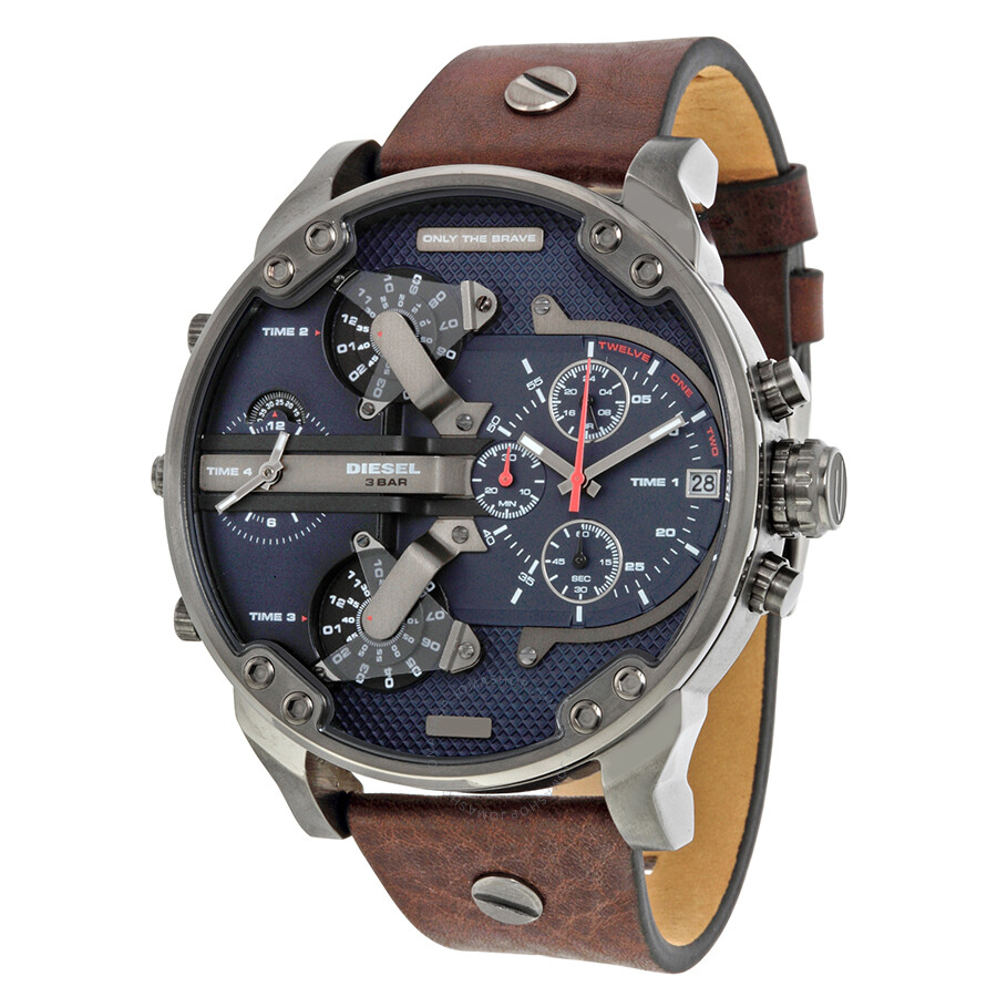 Diesel Mr Daddy Dual Time Chronograph Navy Blue Dial Leather Men's