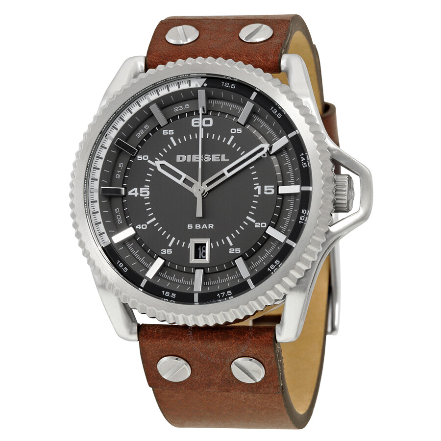 rollcage exposed grey dial brown leather mens
