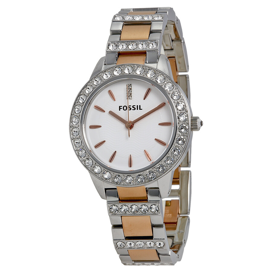 Fossil Jesse Silver Dial Twotone Steel Crystalset Ladies Watch ES3622