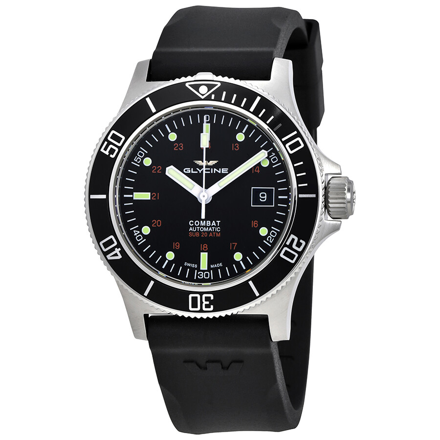 Glycine Combat Sub Black Dial Black Silicon Strap Automatic Men's Watch