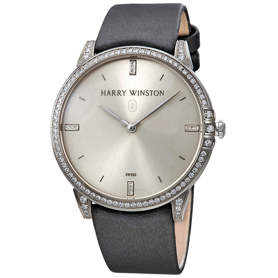 Harry Winston Midnight Silver Dial 18kt White Gold Diamond Stain Watch