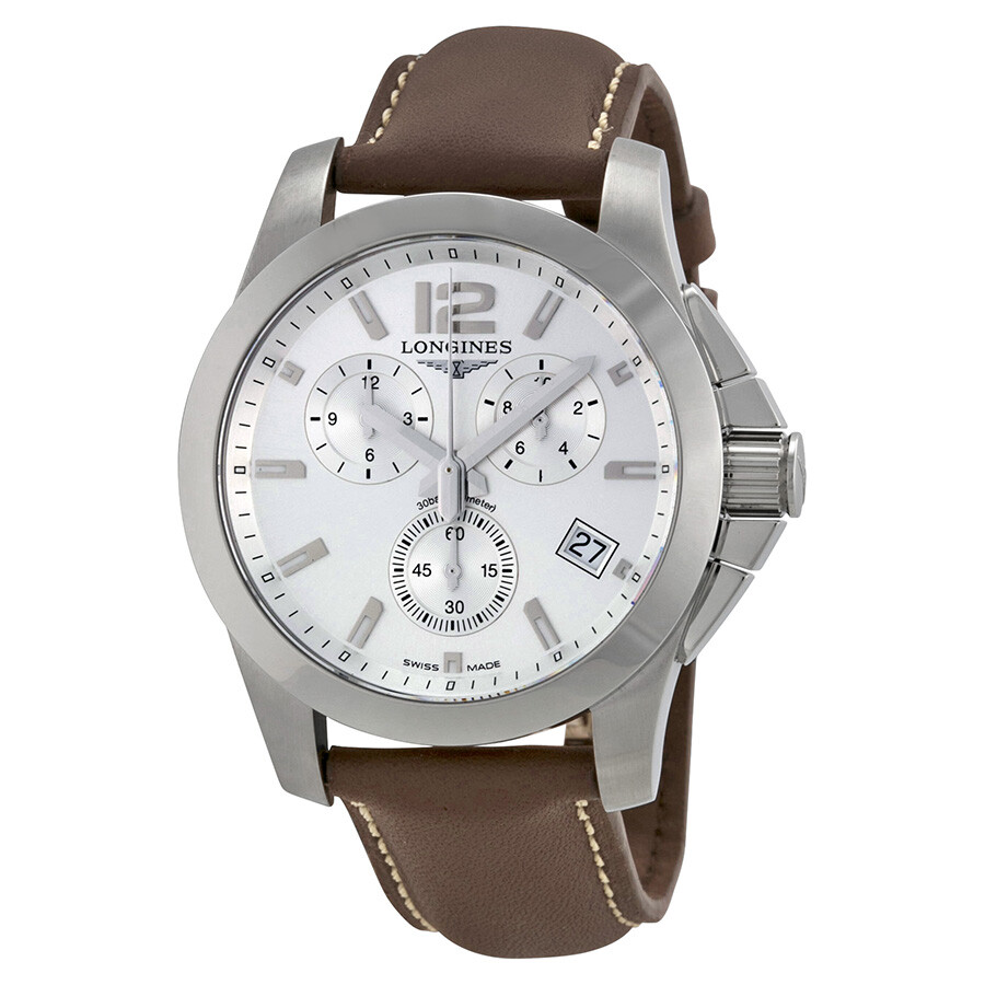 Longines Conquest Chronograph Silver Dial Brown Leather Men's Watch
