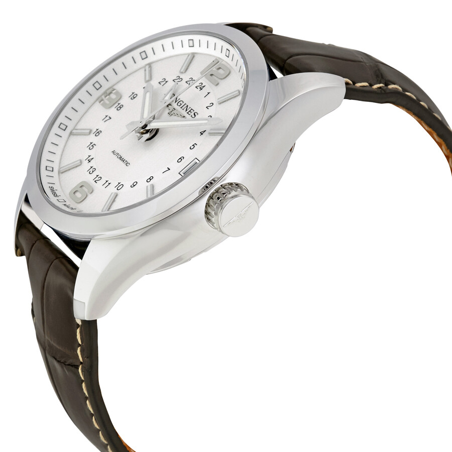 Longines Conquest Classic White Dial Brown Alligator Leather Men's