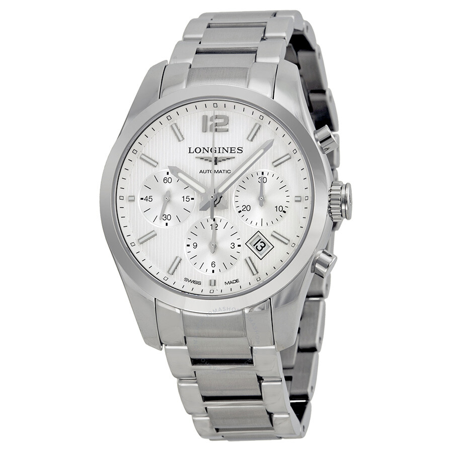 Longines Conquest Silver Dial Chronograph Stainless Steel Men's Watch ...