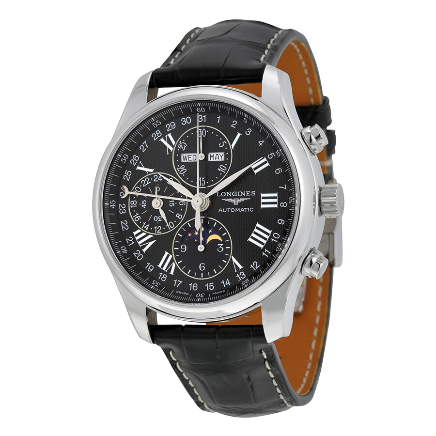 master collection automatic black dial black leather strap mens