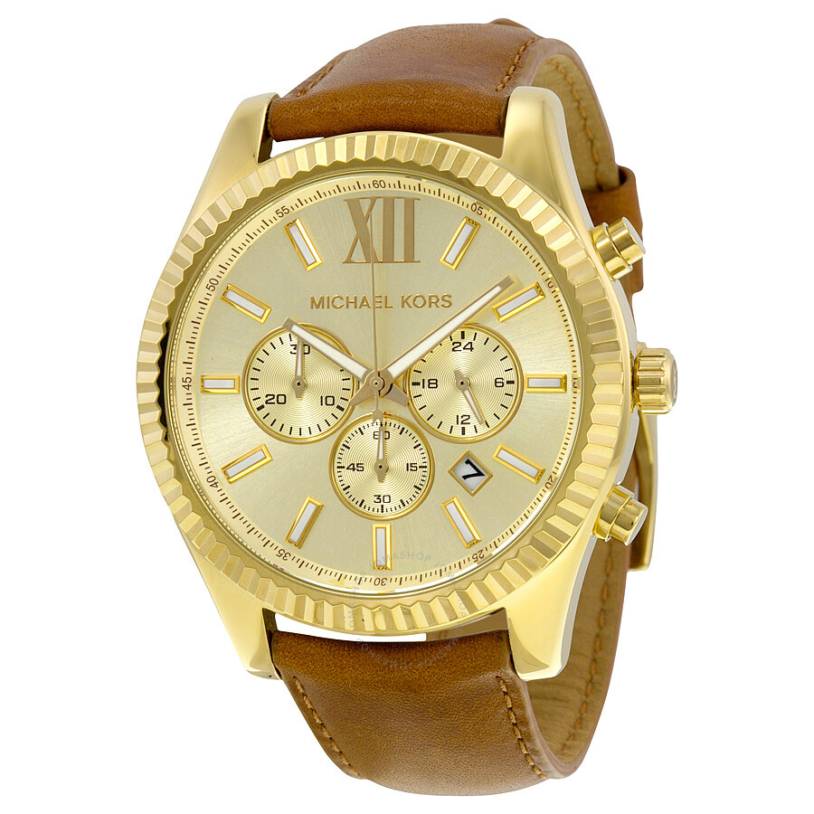 Michael Kors Lexington Gold Dial Chronograph Leather Men's Watch MK8447