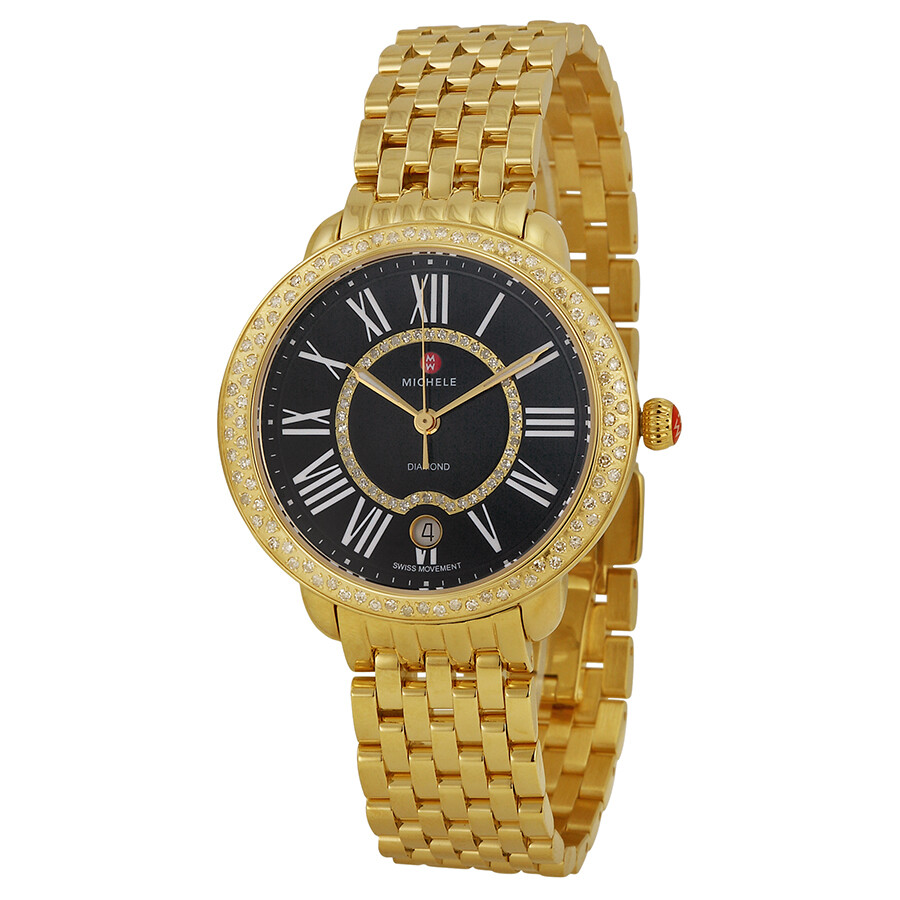 Michele Serein Black Pearl Dial Goldplated Diamond Ladies Watch