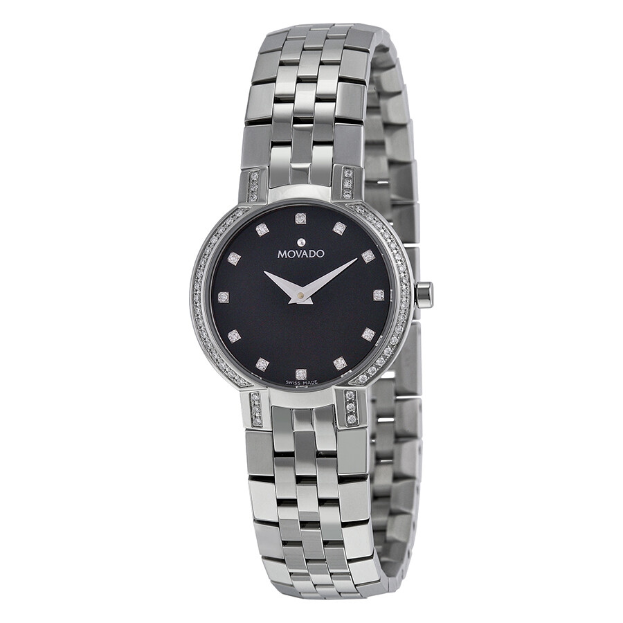 Movado Faceto Diamond Black Dial Stainless Steel Ladies Watch 0605586 Faceto Movado