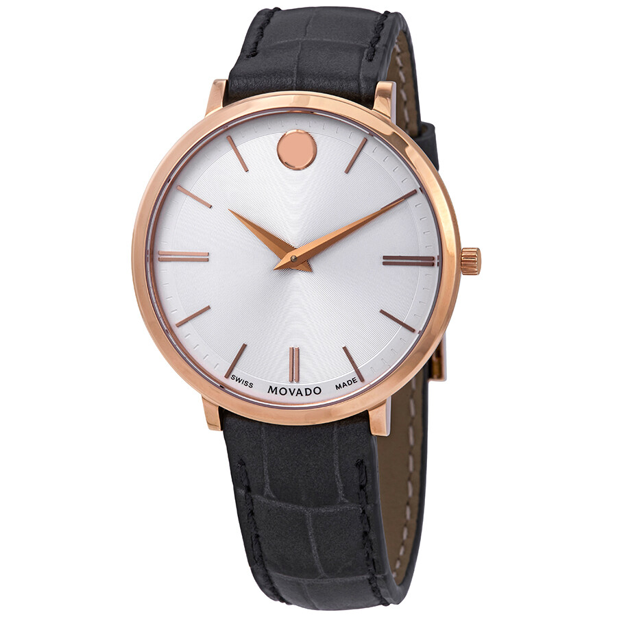 Movado Silver Dial Men's Black Leather Watch 0607177 Movado Watches