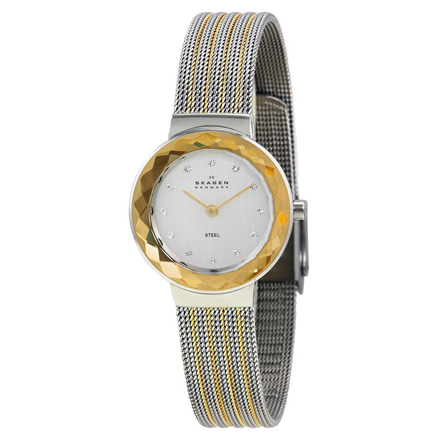 Skagen Leonora Silver White Dial Twotone Mesh Ladies Watch 456SGS1 Leonora Skagen Watches