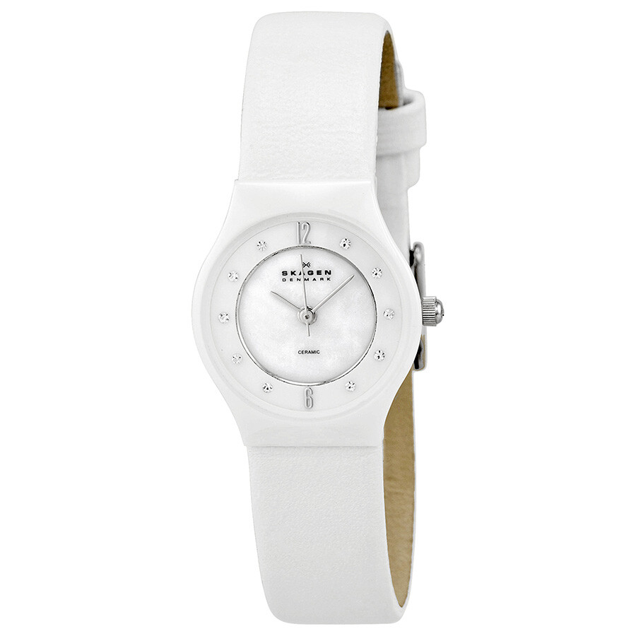 Skagen Slimline White Dial Ceramic White Leather Ladies Watch 233XSCLW Slimline Skagen