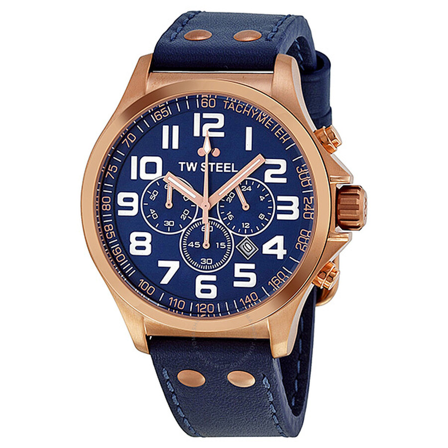 TW Steel Pilot Blue Dial Chronograph Rose Gold PVD Steel Blue leather